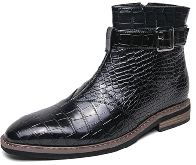 Stivali Chelsea alti da uomo in pelle con cinturino con fibbia alla moda stile britannico punta cerniera laterale retrò Business Dress Oxford stivaletti, Nero , 40 2/3 EU
