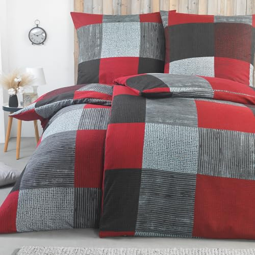 BaSaTex Feinbiber Winter Bettwäsche warme und kuschelige Bettgarnitur und Kissenbezug 4teilig 2X 135x200 +2X 80x80 cm | 100% Baumwolle | Karo - Anthrazit Rot