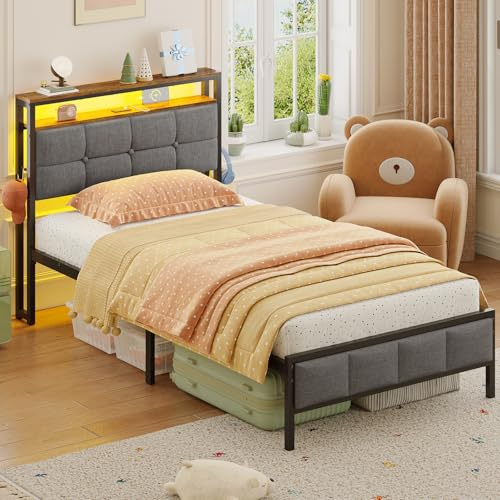 AOGLLATI Polsterbett 90×200 mit Ladestation Bett 90×200 mit LED-Beleuchtung,Bettgestell mit Lattenrost Metallbett Jugendbett mit Kopfteil aus Leinenstoff (90×200cm)