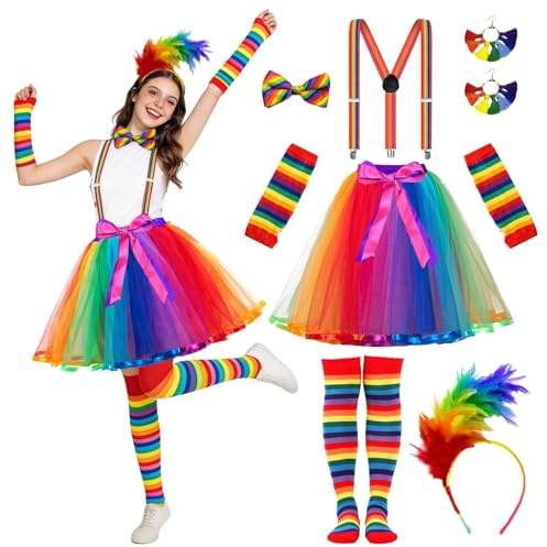Apexara Costume di Carnevale da donna arcobaleno, Gonna Tulle, Fascia Capelli con Piume, Calze Lunghe, Guanti, Bretele, Fiocco e Orecchini per Carnevale, Feste a Tema, Balli e Eventi Festivi