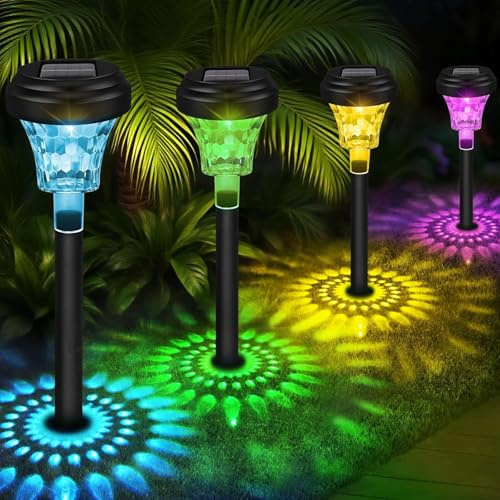 Akynite 4 Pack Multi Coloured Solar Lights Outdoor Garden, Warm White & RGB Colour Changing Mode, IP65 Waterproof Solar Lights Colourful, Multicoloured Garden Landscape Light for Lawn Path