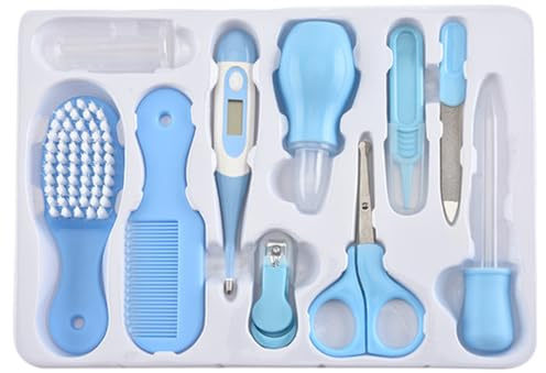 Kit de aseo para bebés de 10 piezas, kit de uñas para bebés, herramientas de cuidado diario para recién nacidos con cortaúñas, aspirador nasal, peine y termómetro, azul