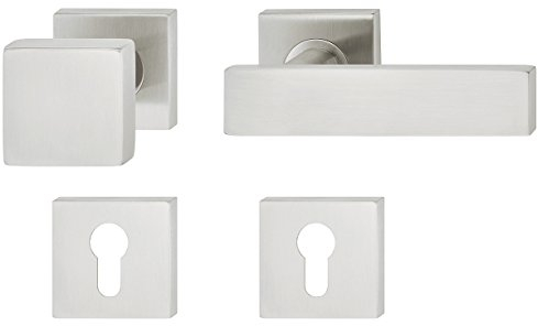 Drückergarnitur Knopf - Griff quadratisch Türklinke Edelstahl für Zimmertüren | LDH 2187 | Wechselgarnitur rechts | Edelstahl matt gebürstet | 1 Knauf-Garnitur eckig - Design Türbeschläge Innentüren