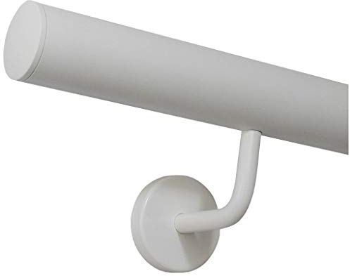 TIBU Handlauf Edelstahl weiß pulverbeschichtet 42,4 mm Geländer innen außen wetterfest, Länge 120 cm mit 2 Halter Enden leicht gewölbte Kappe