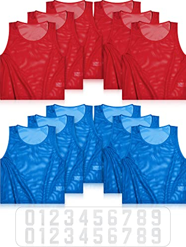 12 Stücke Nylon Mesh Trainingsleibchen Team Pinnies Trikots Sport Pinnies Leibchen Training Pinnies Trikots Lätzchen mit Wärmeübertragung Nummern für Sport Basketball Fußball, Rot und Blau