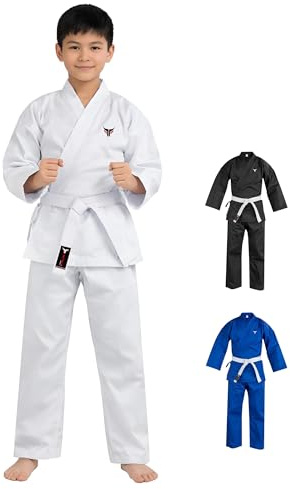 Mytra Fusion Kinder Karateanzug mit Gürtel – Leichter, strapazierfähiger Anzug für Kampfsport, Taekwondo & Training – Atmungsaktiver Baumwoll-Gi (Weiß, 0/130)