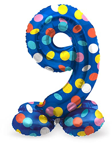 Folat 63979 Palloncino di alluminio Numero con Base Figura 9 Colorful Dots Multicolore 72 cm - decorazione palloncino per compleanno, anniversario, non è necessario l'elio
