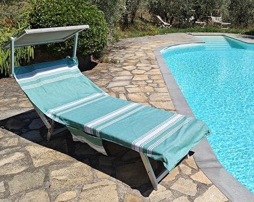 Vico Casa Telo Mare per Lettino 75x195cm in cotone, Verde, con 2 tasche laterali e cuscino con zip/Telo da piscina modello Palau con sacca portatelo certificato OEKO-Tex