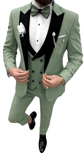Wangyue Slim Fit Men's Tuxedos Dusty Green Tuxedos Slim Fit 3 Piece Wedding Tuxedo Suits with Bow Tie Formal Dusty Green Small Tuxedo Suit Men