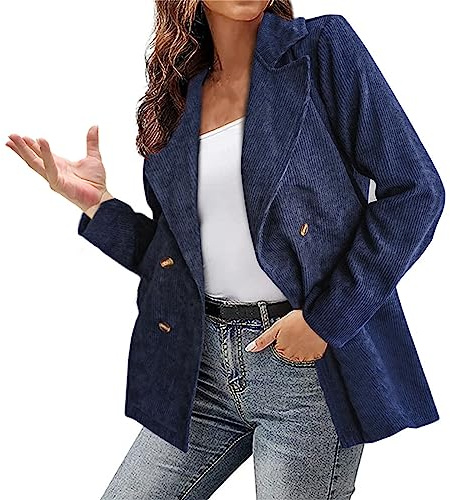 L9WEI Blazer en velours côtelé pour femme - Style décontracté - Vêtement d'extérieur - Pour femme - Ouverture à l'avant, Marine, 3XL