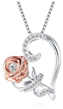 SULIUDAJI 1 Pezzi Argento Cuore Rosa Fiore Cristalli Collana con Ciondolo per Le Donne Regali di Alta gioielleria per Le Donne,Pietra di Zirconia Cubica Collana