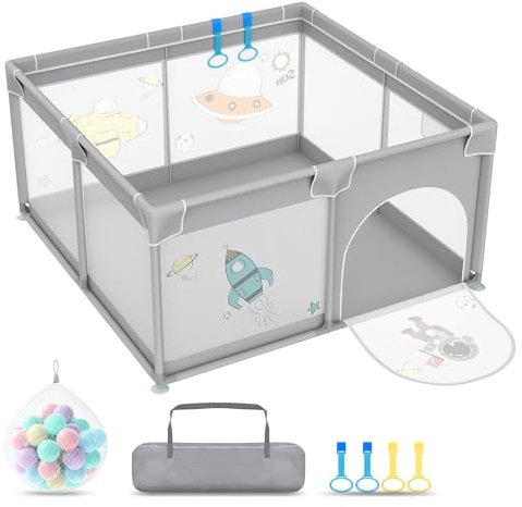 Froadp Laufgitter Baby Laufstall Playpen, Kinderlaufstall mit Tür,Oxford Sicherheitsspielplatz Schutzgitter,mit Tragetasche, Bällen, und 4 Zugringen (127 * 127 * 68cm, Grauer Weltraumfahrer)