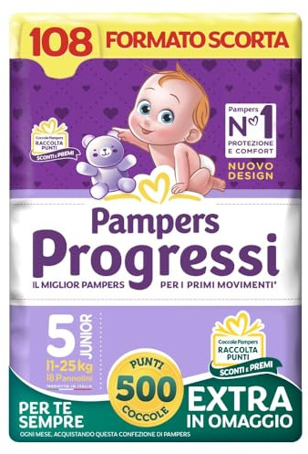 Pampers Progressi Junior, Taglia 5 (11-25 kg), Formato Scorta, Indicatore di Bagnato, Pelli Delicate, Linguette Rinforzate, Anti-Fuoriuscite, 108 Pannolini Bambino + 500 Punti Omaggio