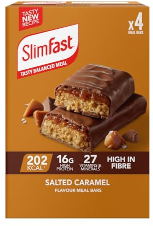 SlimFast Snack Bar • Salted Caramel Flavour • 4 x 60g Bars | Salted Caramel Flavour Snack Bars • High Protein Snack • Low Calorie Treat • Portion Controlled • Weight Control