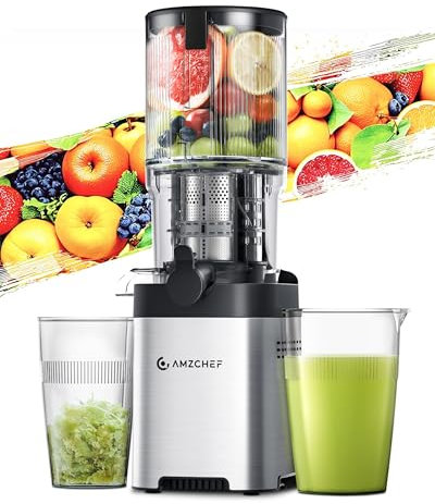 AMZCHEF Entsafter - Slow Juicer mit 135MM Breite und Größere Fütterungsröhre für Ganze Gemüse und Obst - Leicht zu Reinigender Entsafter mit 2 Gläsern - Silber