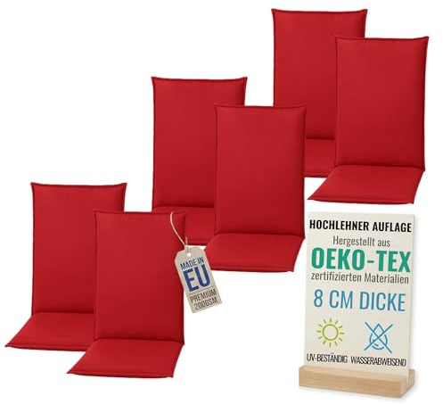 Pillows24 - Hochlehner Auflagen 6er Set - 120x50cm – 8cm Dick - Premium-Material 200gsm, UV- & Wasserabweisend | Sitzauflagen Hochlehner | Sitzkissen Gartenstuhlauflagen für Gartenmöbel | Rot