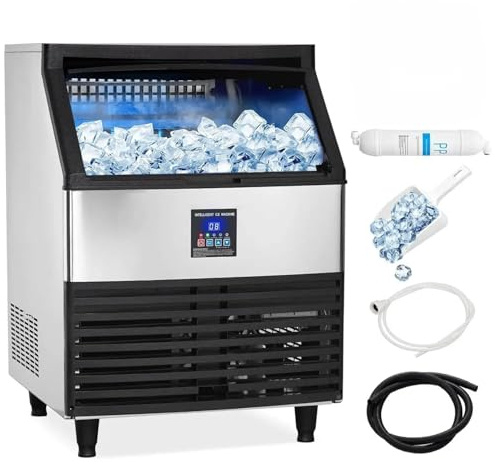 Máquina de hielo profesional Schrata, Acero inoxidable endurecido, 500 W, 120 kg/24 h, Hielo en 8-15 min, Almacenamiento 56 kg, Casa y oficina
