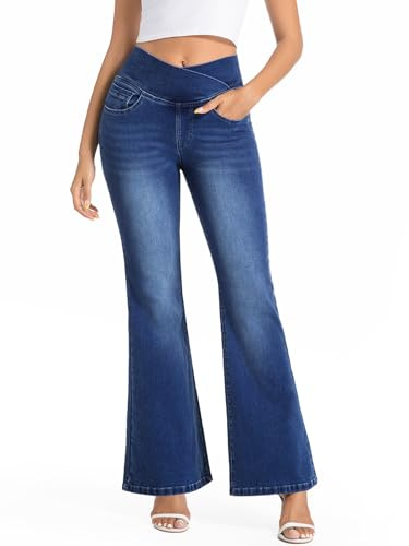 VX VONXURY Vaqueros Elásticos Mujer Acampanados Cintura Alta Lavado Push Up Levanta Glúteos Control Abdominal Pantalon Campana Mujer con 4 Bolsillo, Índigo​​
