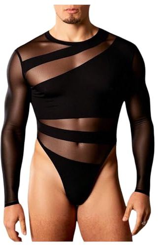 OYOANGLE Men's Long Sleeve Sheer Bodysuit Crew Neck Slim Fit Mesh Shirt Y2K Party Clubwear Streetwear Black Medium