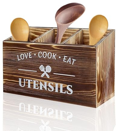 Txmyxgs Portautensili Da Cucina Per Piano Di Lavoro, 3 Scomparti Porta Utensili In Legno, Organizer Per Utensili Da Cucina, In Legno Con Fondo Di Drenaggio, In Rustico (Marrone)