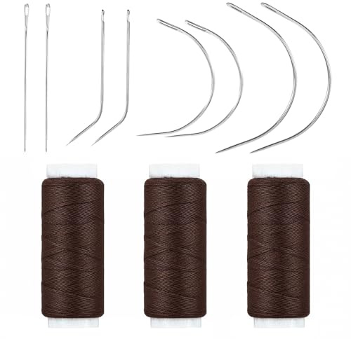 Set di aghi e fili per la tessitura dei capelli, strumenti professionali per extension per capelli, set di fili da cucito e aghi, filo marrone con 8 aghi per cucire capelli, extension e parrucche