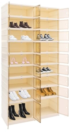 HHEMSTD Scarpiera Pieghevole in Plastica 9 Livelli 36 Paia con Doppie Ante e Rotelle per Pavimenti, Portascarpe Pieghevole, Scatola per Scarpe, Bianco