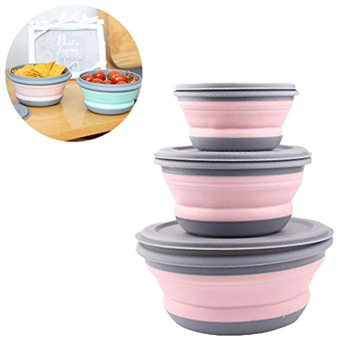 RASTKY Set di Ciotole da Campeggio Pieghevoli Contenitori in Silicone a Prova di Perdite per Campeggio All'aperto, 3 Pezzi Ideali per Riporre la per Viaggiatori e Campeggiatori (PINK)