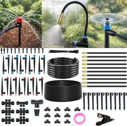 Drip Irrigation System for Garden Watering: 240FT (73M) Automatic Kit with Quick Connect 1/2 PE Tubing, Adjustable Misting Sprinkler Parts, 1/4 Hose for Plants, Raised Beds Flower Yard Greenhouse