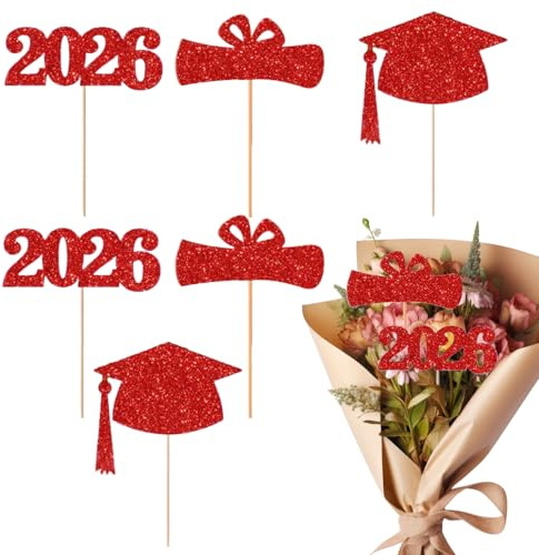 Examenbukettdekorationer, 2026 examen blomplektrum, ensidig glitterpapper tårtfyllmedel för middagsbord, skrivbord, festival, semester, fest, skolaktivitet, svart, röd, blå