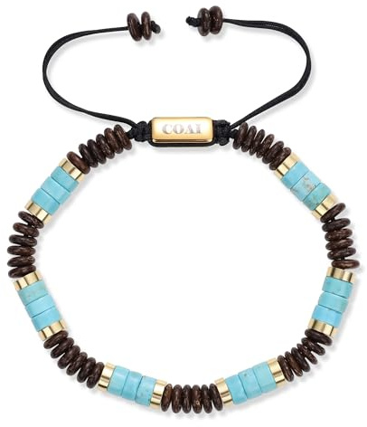 COAI Bracciale Uomo Estivo Stile Boho Surfista con Perline Heishi di Turchese Sintetico e Dischetti Noce di Cocco, Targhetta Acciaio Inox Dorato, Bracciale Regolabile Uomo