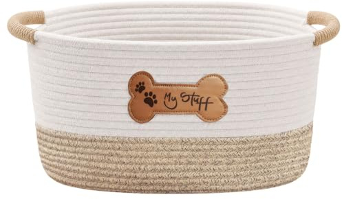 twirush Dog Toy Basket, Dog Toy Box Organizer Baskets, Woven Cotton Rope Basket Puppy Dogs Toy Bin With Handle, Dogs Toy Bin for Pet Supplies, Blankets, Leashes for All Pet(32 x 24 x 15cm)