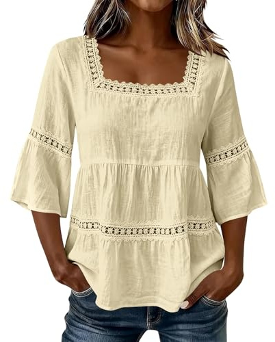 Chemisier Femme Coton Lin,Manches 3/4 à Col Carrée Découpées en Dentelle Mode Casual Top Chic et Élégant Blouse Décontracté Couleur Unie Haut LâChe Respirant T-Shirts pour Les Fête Vacances Plage