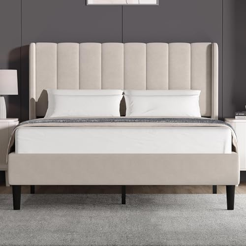 Blisswood King Size Bed Frame Noise-Free Upholstered Platform 5ft Bed Frame With Vertical Design Headboard, Kingsize Sturdy Wooden Slats Support & Under Bed Storage, Bedfarme (Beige, King)