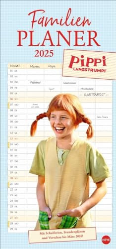 Planificador familiar Pippi 2025: agenda 2025 con fotos de películas de culto. Calendario familiar con 5 columnas. Calendario familiar de pared con vacaciones escolares y horarios. (planificador