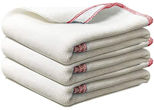 Towelogy® Pack Of 3 White Cotton Dish Cloths Extra Large HEAVY DUTY Biodegradable Commercial Grade Dishcloths Kitchen Cleaning Tea Towels Washcloths 38x45cm (White/Red Coded, Pack Of 3)