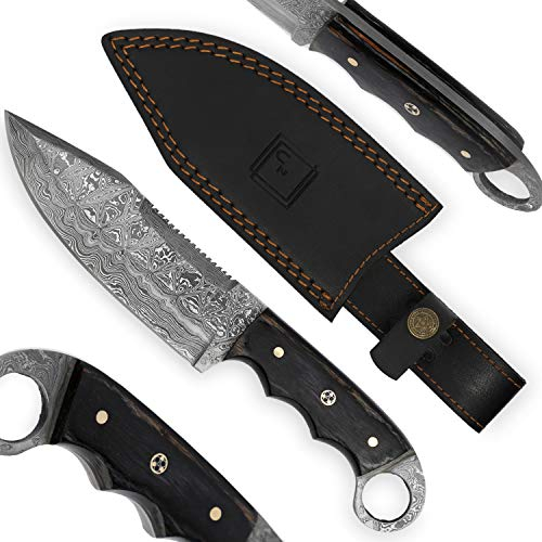 USQUARE UE-009 Couteau de chasse en acier de Damas 25,4 cm avec fourreau Lame fixe Couteau Bushcraft Manche en bois Pakka Noir Full Tang Conçu pour la chasse et le camping