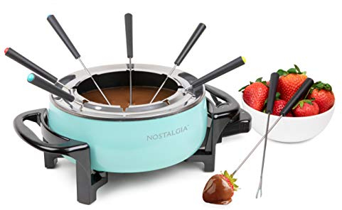Nostalgia FPS6AQ - Olla eléctrica para fondue de 6 tazas con control de temperatura ajustable, 8 tenedores codificados por colores, asas de tacto frío, perfecto para chocolate, queso, caramelo,