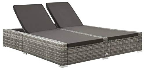 Tumbona Doble de Ratan Sintético para Exterior - Ajustable, Respaldo y Cojines Extraíbles, 202 x 145 x 80 cm
