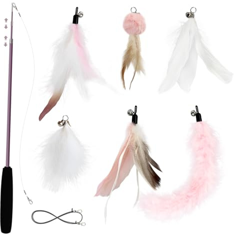 SONGWAY Giochi con Piume per Gatti - 7 Pezzi Giocattoli Interattivi con Piume, 1Rettrattile Bacchetta per Gatti con 6 Ricariche di Piuma con Campana, Rosa