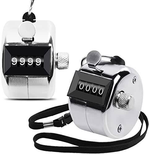 Oligei 2 Pack Metal Hand Counter Four-Digit Counter with Nylon Lanyard Silver Counter Click Counter Handheld Click Counter Digital Counting