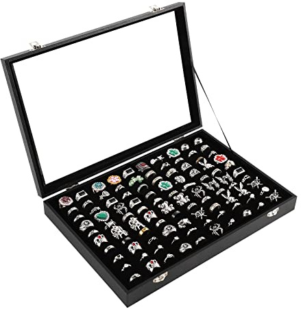 Pengup 100 Slots Ring Case Organizer Display Box,Rings Holder Storage Boxes for Jewelry Showcase with Glass Lid (Black Velvet).