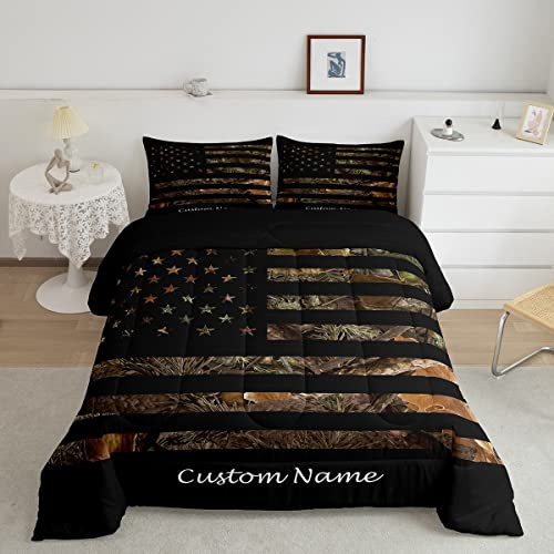 Personalized Custom Comforter Brown American Flag Camo Comforter Set Gifts King,Customized Trees Leaves Camouflage Bedding Sets for Boys Teen Men Nature Conifer Oak Branches Bed Set 2 Pillow Cases