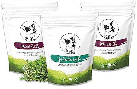 Hunde Leckerlis & Kaustangen Set Lamm Getreidefrei Hypoallergen Zuckerfrei Glutenfrei Natürlich - Hundeleckerli Kaurollen Trainingsleckerli Hundesnacks | Billos Set Lamm Lammkopfhaut