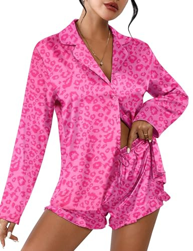 Ekouaer Womens Satin Pajama Sets Long Sleeve Top and Shorts Lounge Set Button Down Sleepwear Leopard Hot Pink S