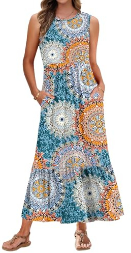 AUSELILY Summer Dresses for Women UK Sleeveless Maxi Dresses Ladies Floral Summer Dresses Beach Coverups Empire Waist Tiered Long Dress with Pockets Print Green M