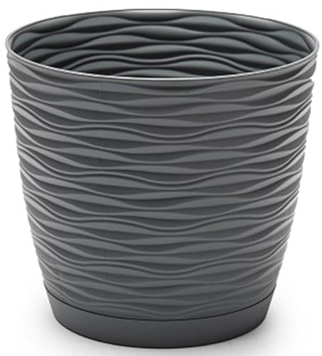 Tradineur - Maceta redonda de plástico, tiesto con plato integrado, macetero de polipropileno, recipiente para plantas, flores, balcón, terraza, hogar, fabricada en España (Wind, Antracita, 15 cm)