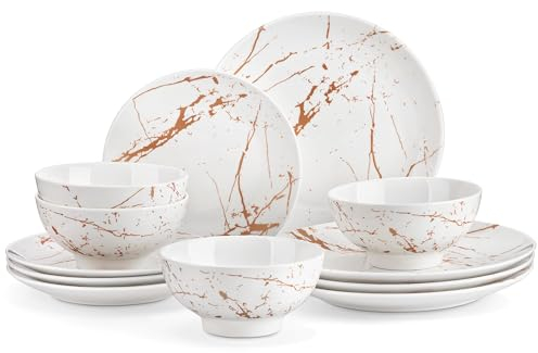 LOVECASA Plates and Bowls Set, Daphne 12 Pieces Stoneware Dinner Set, Include Dinner Plates, Dessert Plates and Cereal Bowl, Dishwasher and Microwave Safe, White