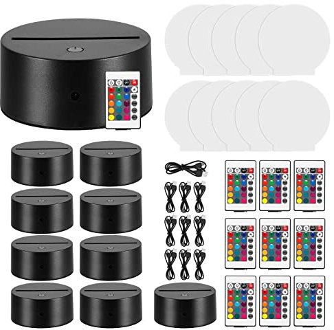 Konesky Juego de 10 bases de lámpara acrílicas con control remoto, incluye 10 hojas acrílicas, 10 bases de lámpara, 10 cables USB y 1 marcador de pizarra blanca (Redondo)