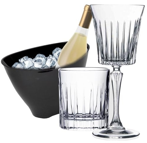 Sicignano Set 6 Calici CL.30 con 6 Bicchieri CL.36 Timeless per Vino Acqua Whisky Liquori Cocktail, Cristallo Ecologico, Trasparenti, Resistenti ? Omaggio Secchiello Champagne Nero 2 Bottiglie