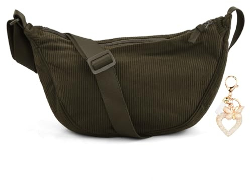 Amexo Crossbody Tasche Cord Halbmond Tasche Damen Bauchtasche Cord Umhängetasche Slouchy Bag Damen Cordtaschen mit Verstellbarem Riemen für Arbeit Einkaufen Schule (Grün)